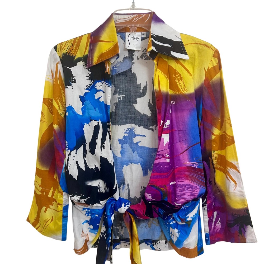 Finley Lindy Abstract Art Print Tie Front Blouse XS 3/4 Sleeve NWOT Colorful Fun